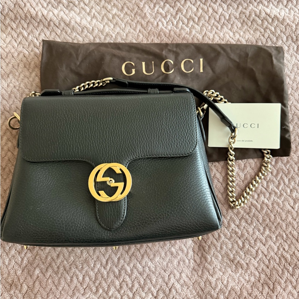 Gucci Dollar Calfskin Interlocking G Top Handle Crossbody in black